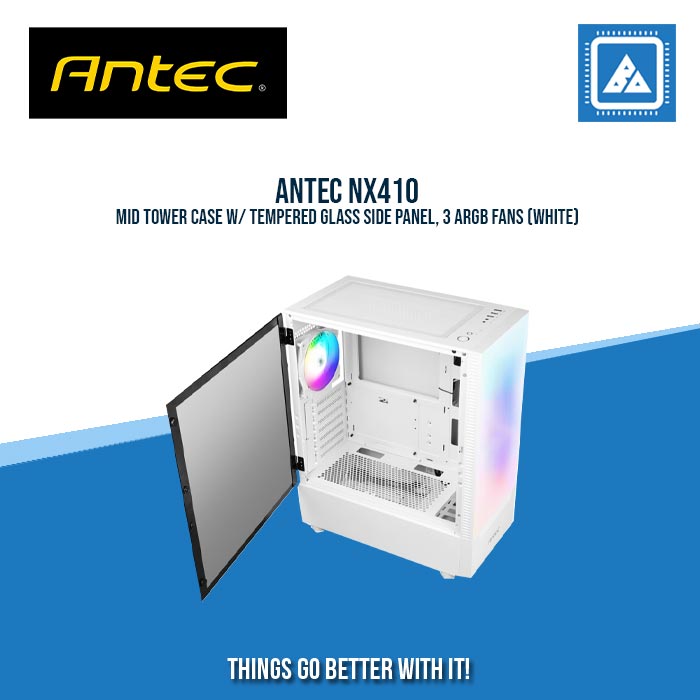 ANTEC NX410 MID TOWER CASE W/ TEMPERED GLASS SIDE PANEL, 3 ARGB FANS (WHITE) ANTEC NX410 MID TOWER CASE W/ TEMPERED GLASS SIDE PANEL, 3 ARGB FANS (WHITE)